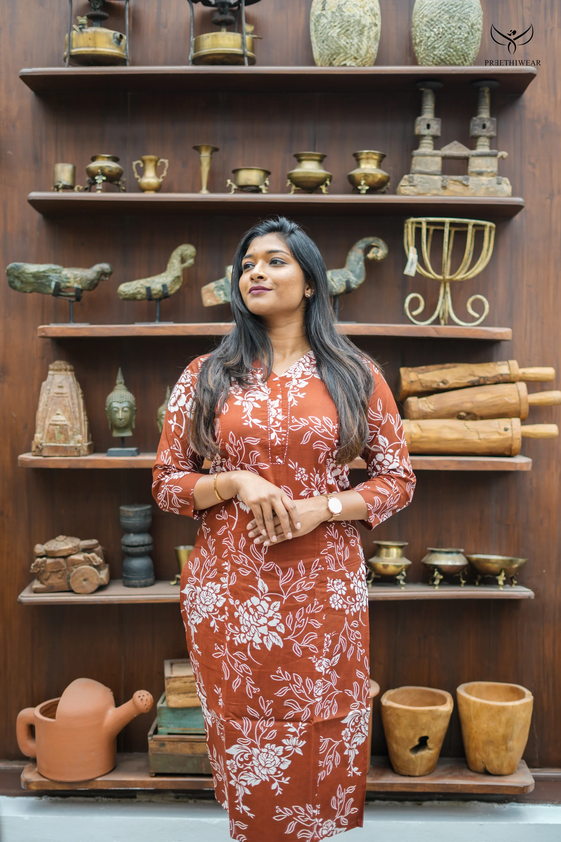Brown Cotton Kurthi Feeding Top with Nursing Access on Both Sides
