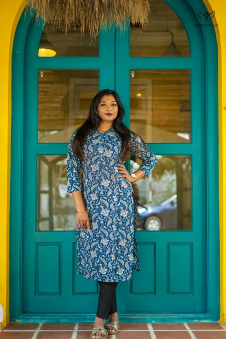 Blue Cotton Kurthi Feeding Top with Nursing Access on Both Sides