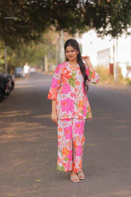 Cream Long Sleeve Button-Front Co-Ord Set with long-sleeved button-front shirt and coordinating pant