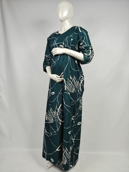 Green Rayon Frill Feeding Nighty with ruffled waist detail and dual concealed nursing zips