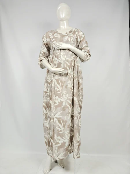 Sand Rayon Frill Feeding Nighty with ruffled waist detail and side-zip nursing access