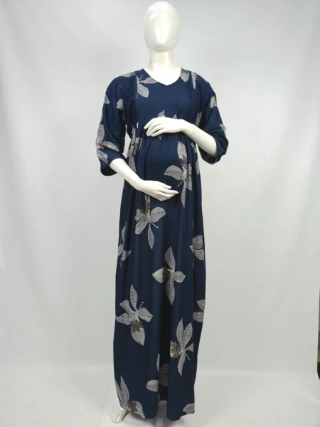 Navy Blue Alpine Frill Feeding Nighty with ruffled waist detail and dual concealed nursing zips