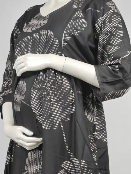Black Rayon Frill Feeding Nighty with ruffled waist detail and dual concealed nursing zips
