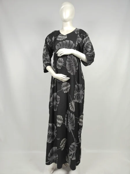 Black Rayon Frill Feeding Nighty with ruffled waist detail and dual concealed nursing zips