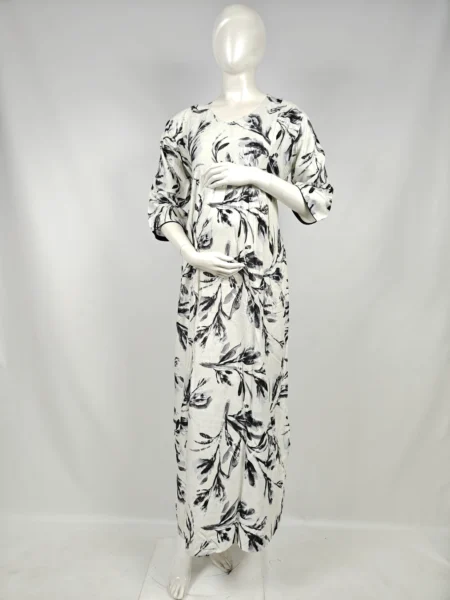 Off White & Black Rayon Frill Feeding Nighty with ruffled waist detail and side-zip nursing access