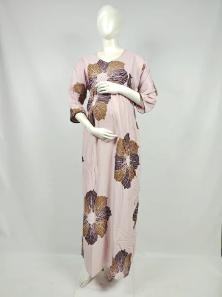 Light Rose Rayon Frill Feeding Nighty with ruffled waist detail and side-zip nursing access