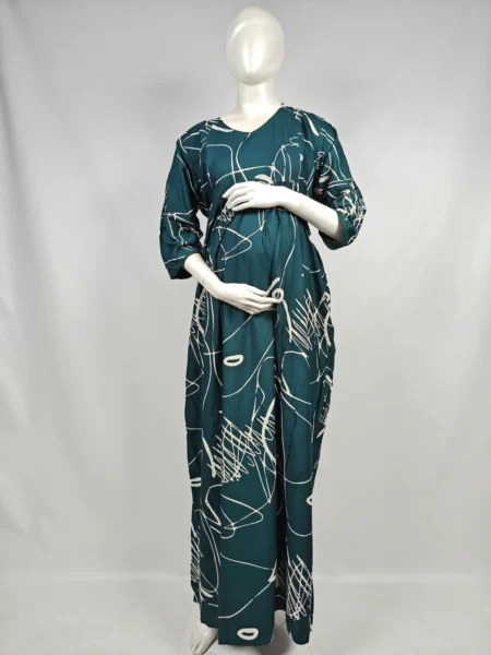 Green Rayon Frill Feeding Nighty with ruffled waist detail and dual concealed nursing zips