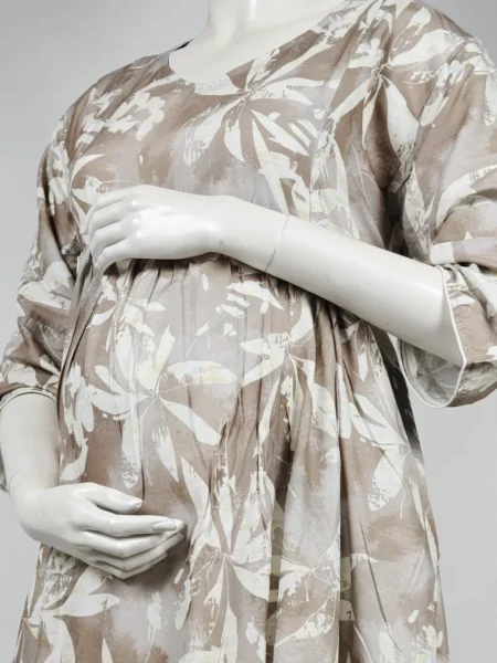Sand Rayon Frill Feeding Nighty with ruffled waist detail and side-zip nursing access