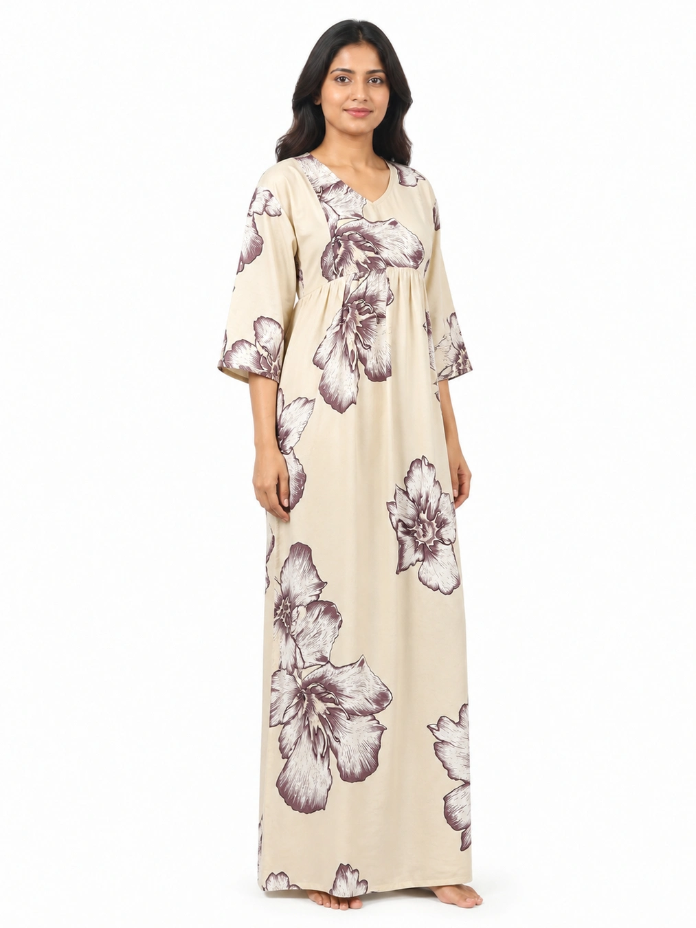 Cream Rayon Frill Feeding Nighty with ruffled waist detail and dual concealed nursing zips