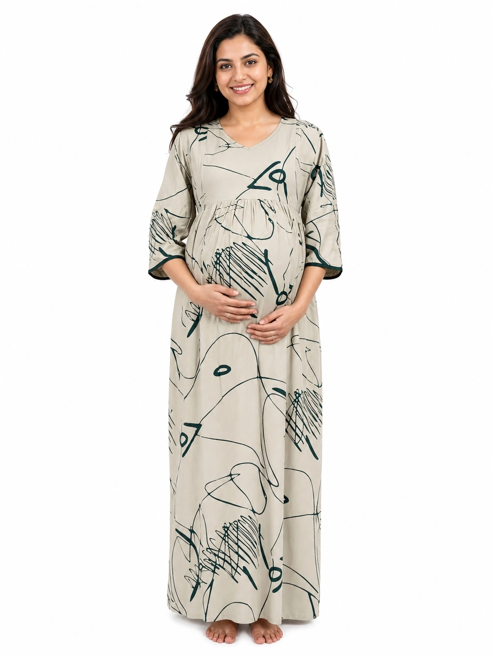 Light Cream Rayon Frill Feeding Nighty with ruffled waist detail and dual concealed nursing zips