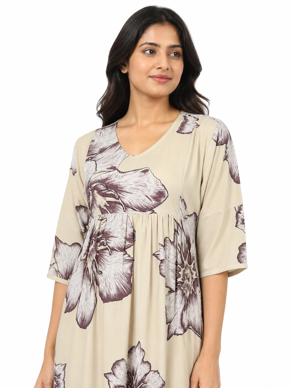 Cream Rayon Frill Feeding Nighty with ruffled waist detail and dual concealed nursing zips