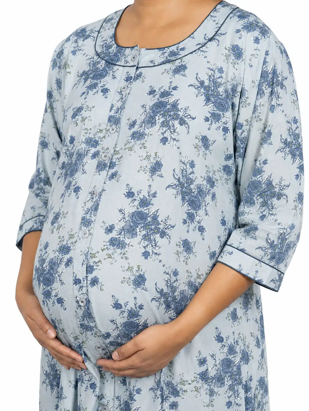 Ice Blue Cotton Front Open Hospital Nighty with full-front button opening and three-quarter sleeves