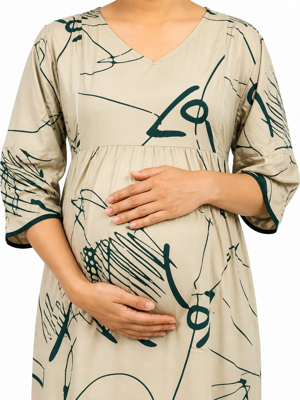 Light Cream Rayon Frill Feeding Nighty with ruffled waist detail and dual concealed nursing zips