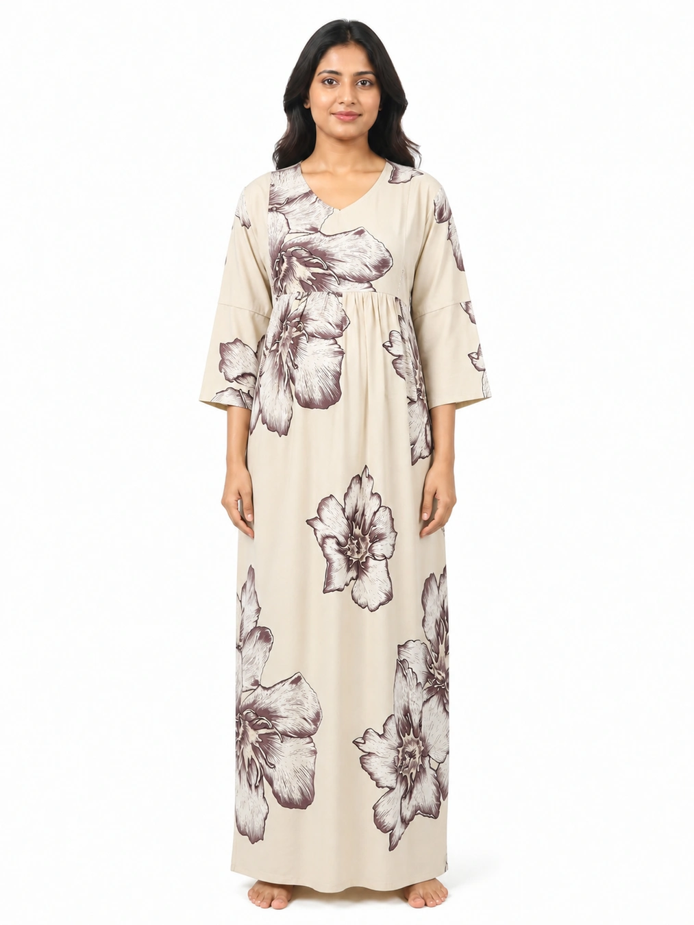 Cream Rayon Frill Feeding Nighty with ruffled waist detail and dual concealed nursing zips