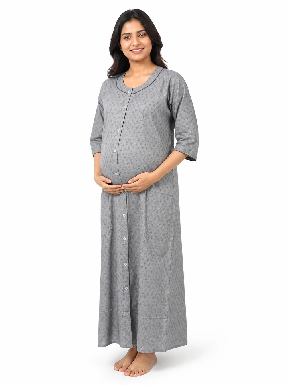 Ash Cotton Maternity Front Open Nighty with full-front button opening and three-quarter sleeves