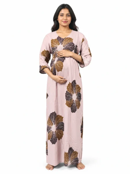 Light Rose Rayon Frill Feeding Nighty with ruffled waist detail and side-zip nursing access