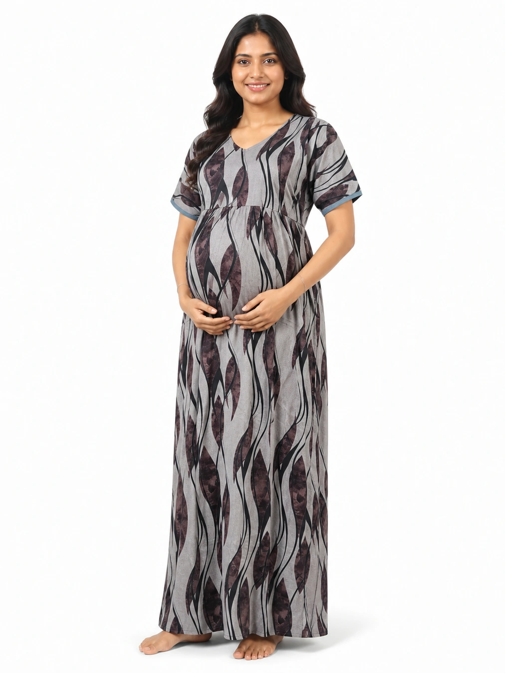 Brown Floral Alpine frill feeding nighty with half sleeves and nursing zips
