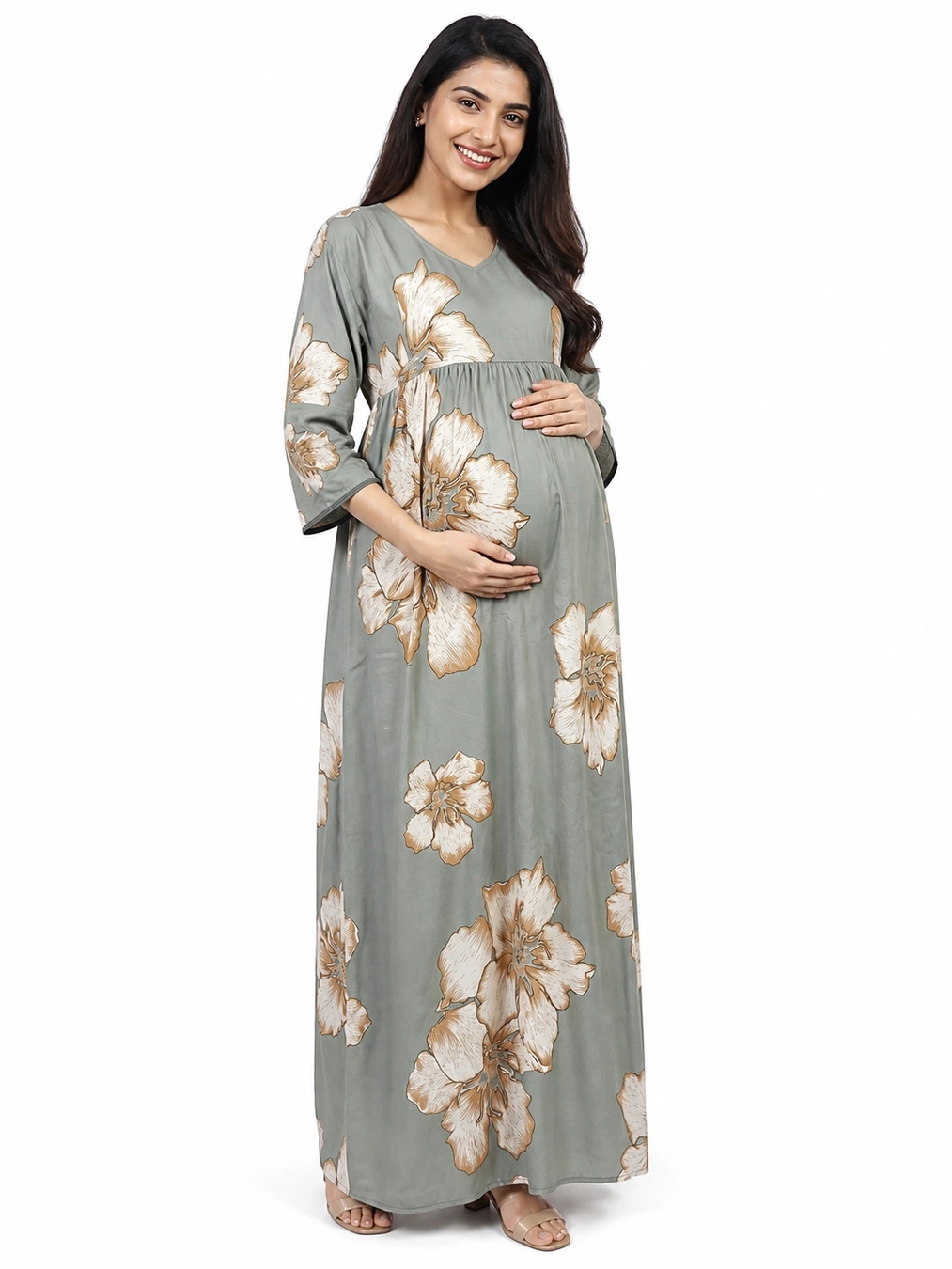 Pastel Green Rayon Frill Feeding Nighty with ruffled waist detail and dual concealed nursing zips
