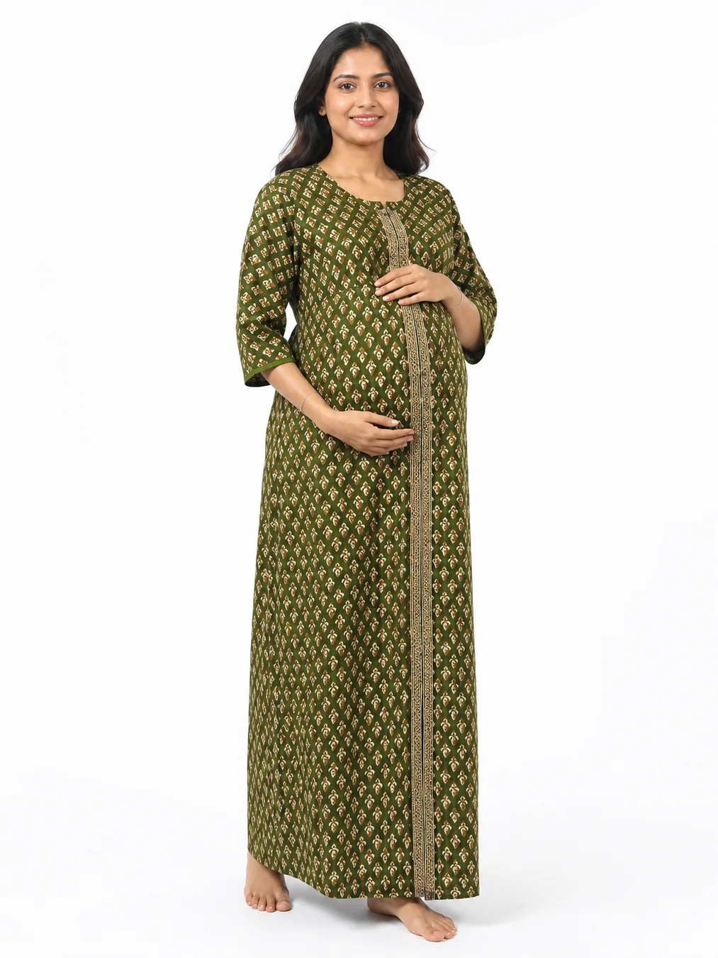 Olive Green cotton maternity nighty with full-front button opening