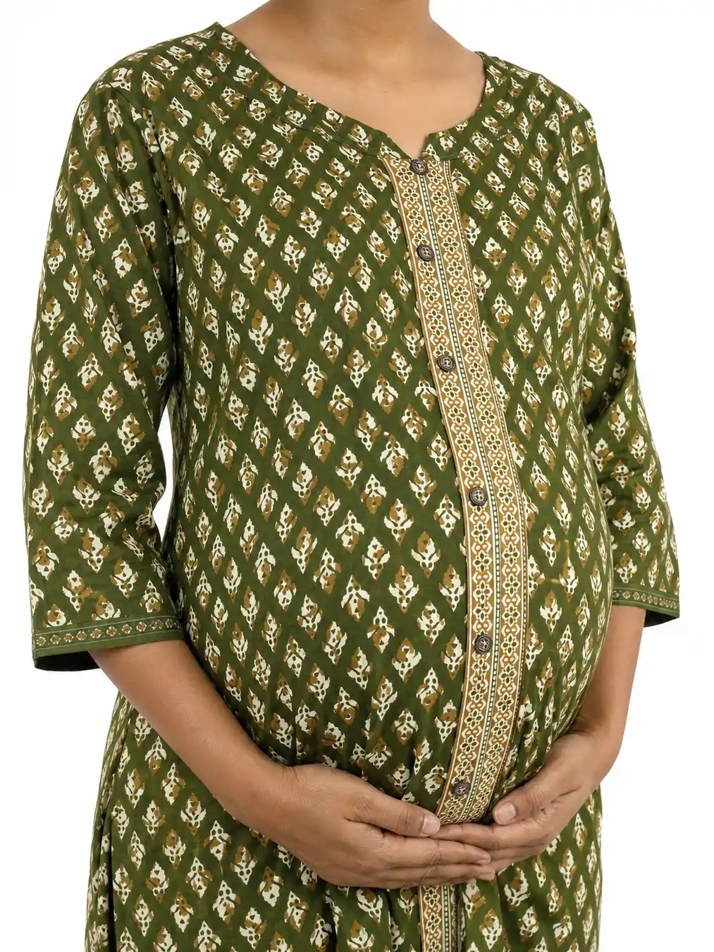 Olive Green cotton maternity nighty with full-front button opening