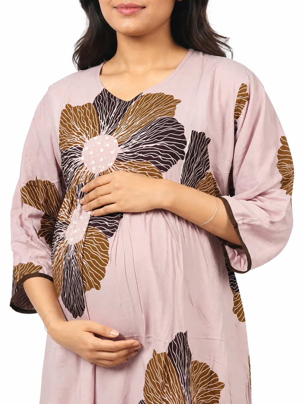 Light Rose Rayon Frill Feeding Nighty with ruffled waist detail and side-zip nursing access