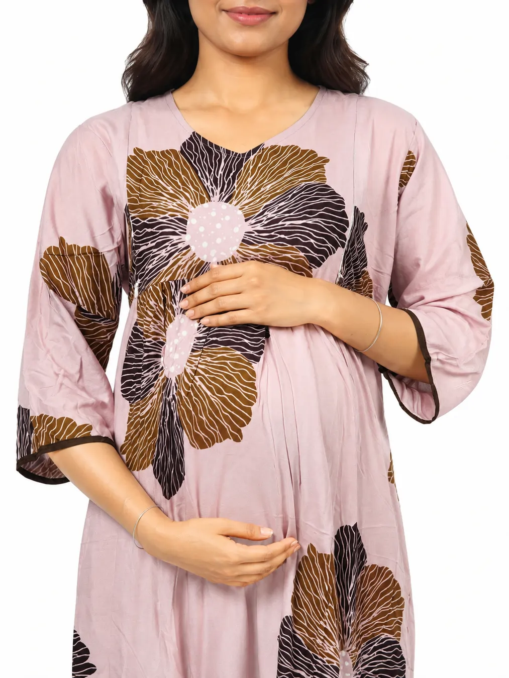 Light Rose Rayon Frill Feeding Nighty with ruffled waist detail and side-zip nursing access