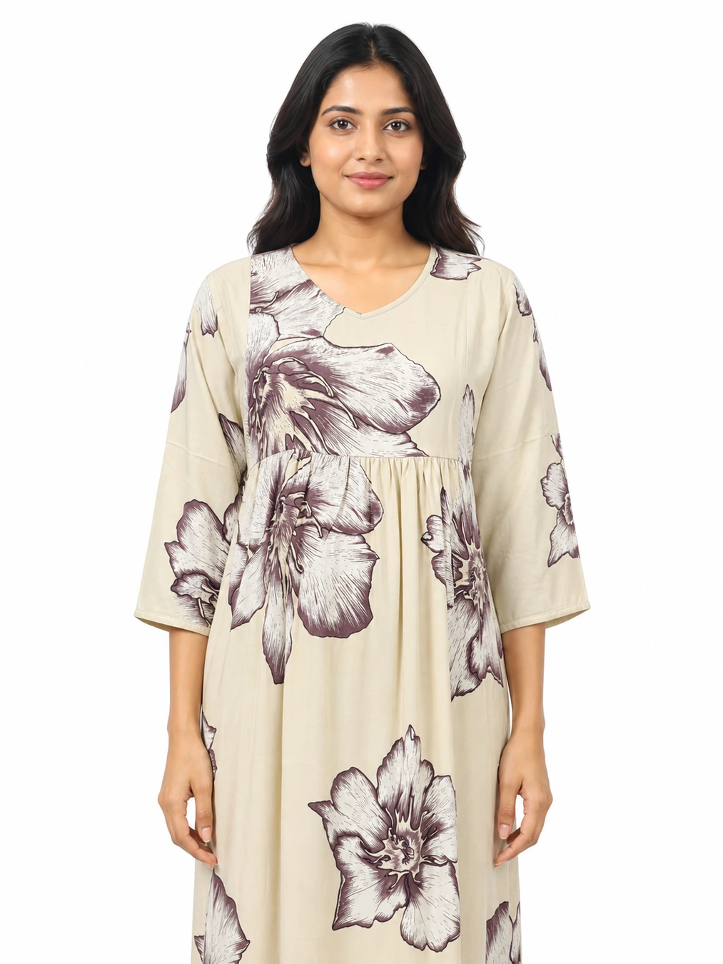 Cream Rayon Frill Feeding Nighty with ruffled waist detail and dual concealed nursing zips