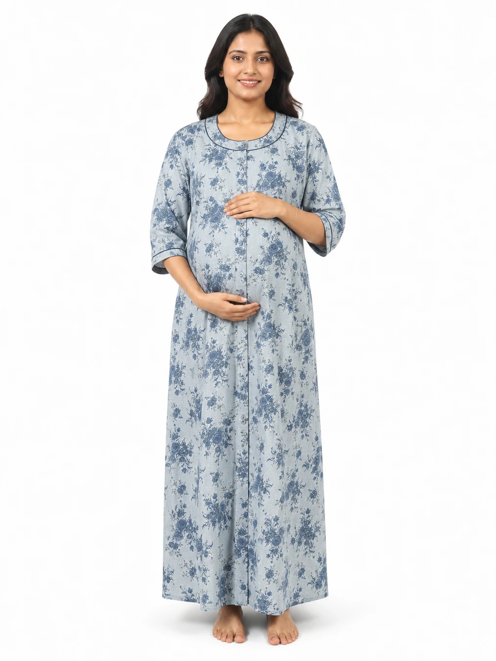 Ice Blue Cotton Front Open Hospital Nighty with full-front button opening and three-quarter sleeves