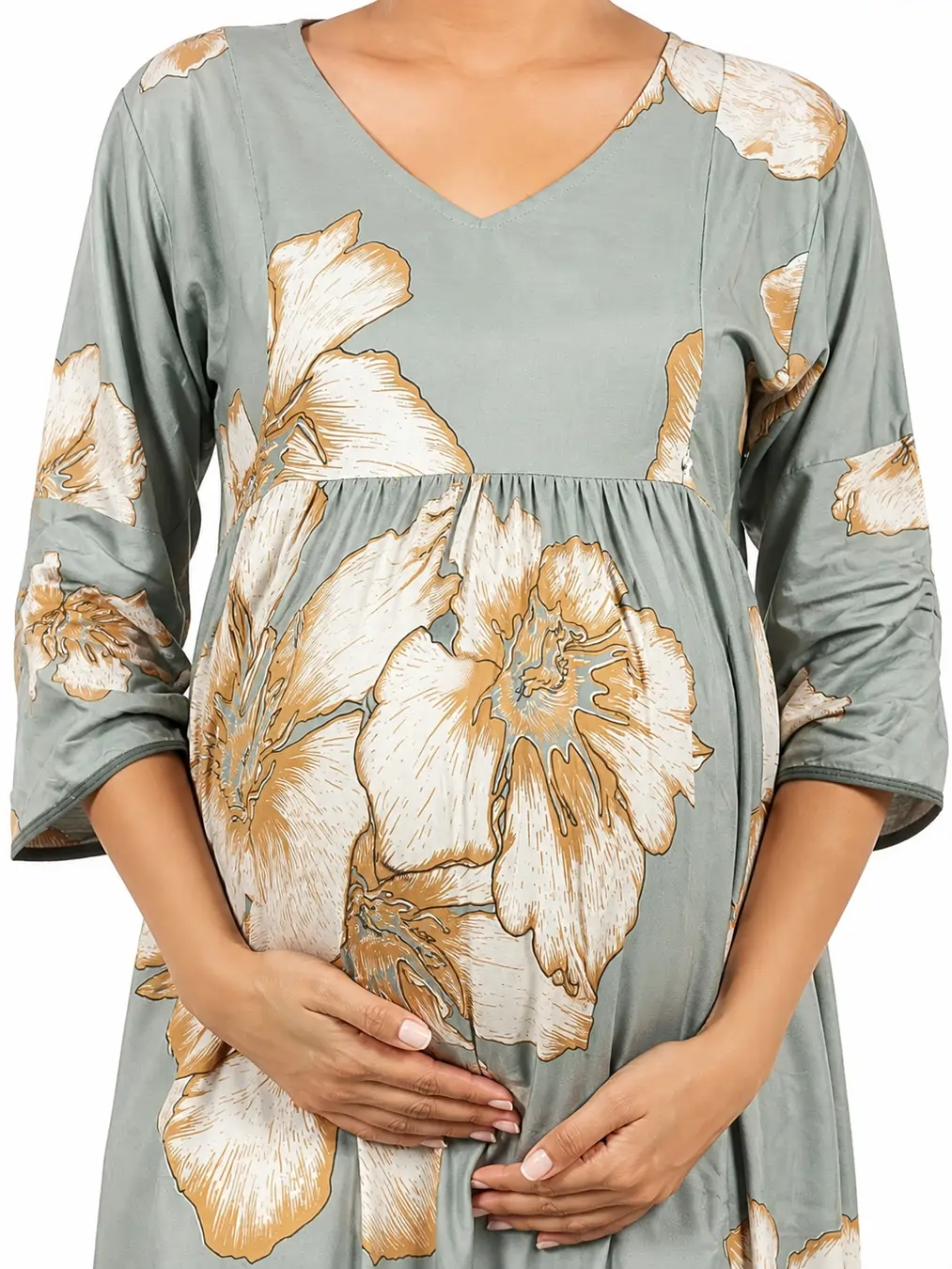 Pastel Green Rayon Frill Feeding Nighty with ruffled waist detail and dual concealed nursing zips