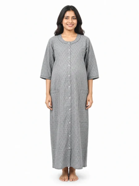Ash Cotton Maternity Front Open Nighty with full-front button opening and three-quarter sleeves