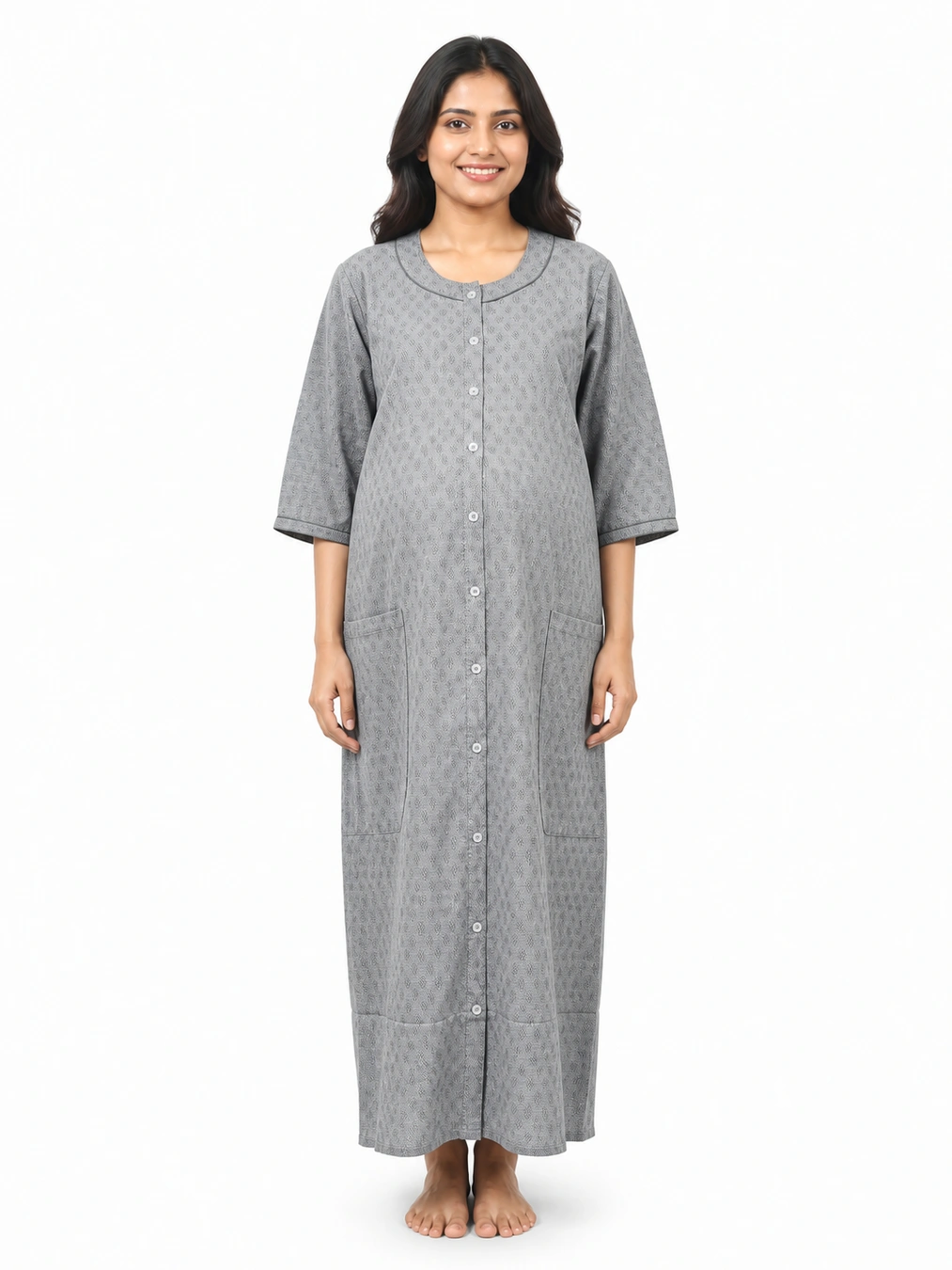Ash Cotton Maternity Front Open Nighty with full-front button opening and three-quarter sleeves