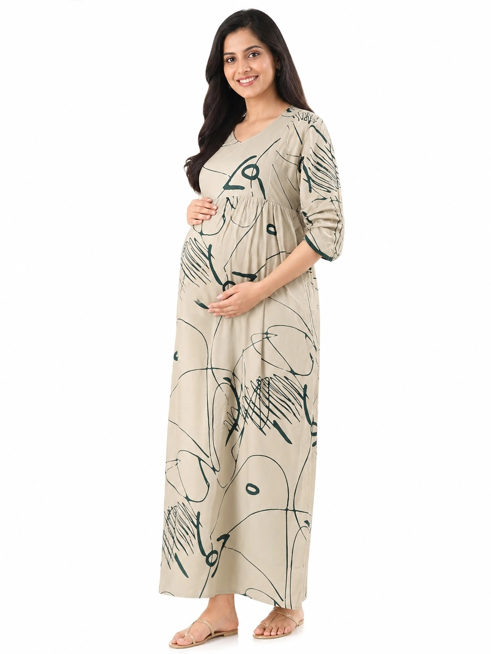 Light Cream Rayon Frill Feeding Nighty with ruffled waist detail and dual concealed nursing zips