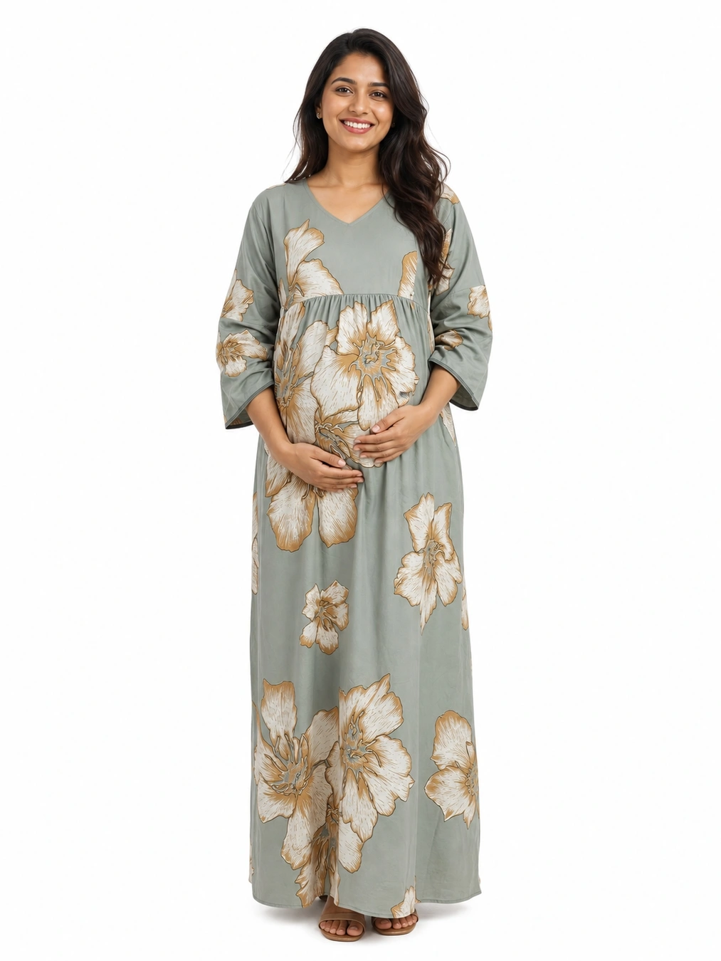 Pastel Green Rayon Frill Feeding Nighty with ruffled waist detail and dual concealed nursing zips