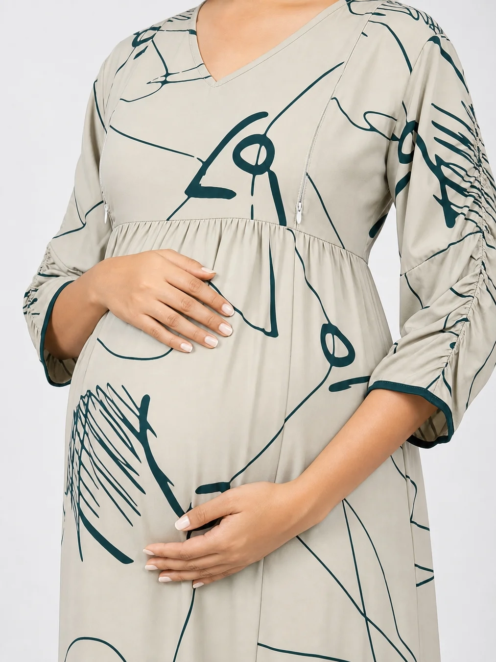 Light Cream Rayon Frill Feeding Nighty with ruffled waist detail and dual concealed nursing zips
