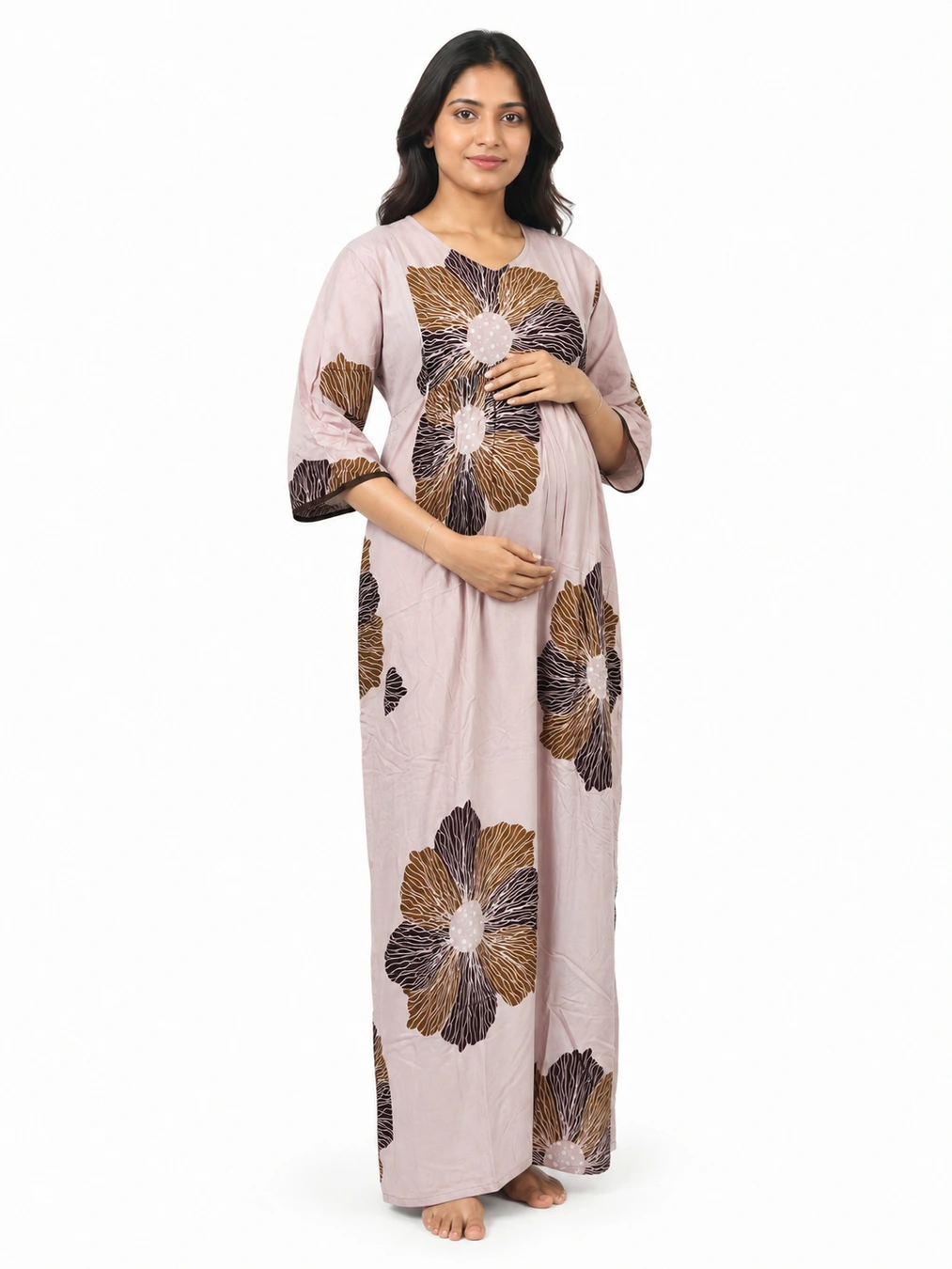 Light Rose Rayon Frill Feeding Nighty with ruffled waist detail and side-zip nursing access