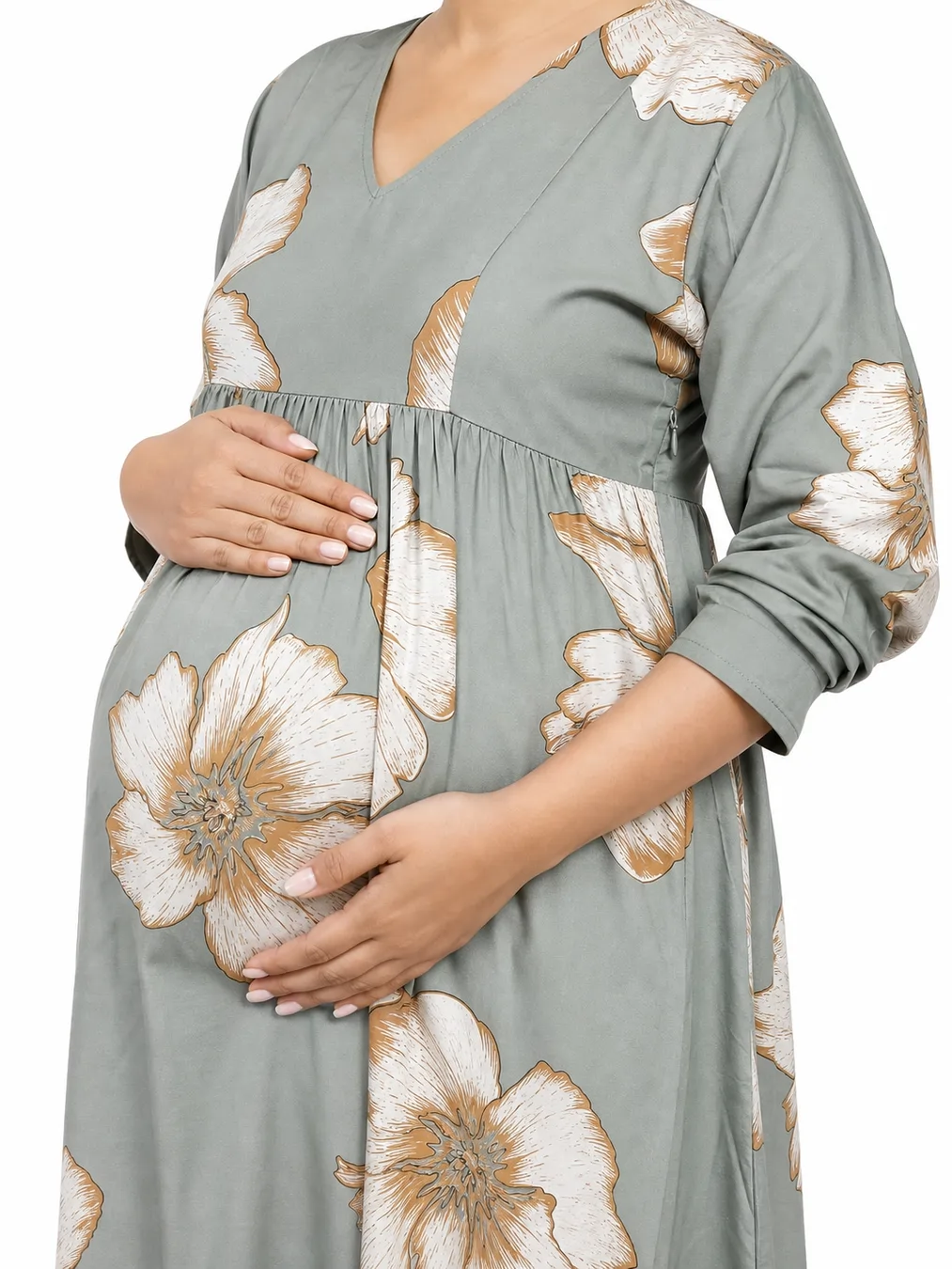 Pastel Green Rayon Frill Feeding Nighty with ruffled waist detail and dual concealed nursing zips