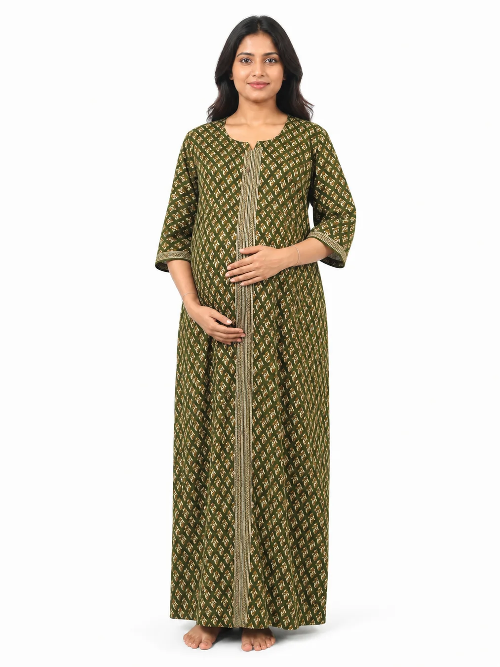 Olive Green cotton maternity nighty with full-front button opening
