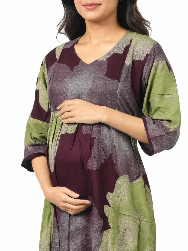 Maroon Alpine Frill Feeding Nighty with ruffled waist detail and dual concealed nursing zips
