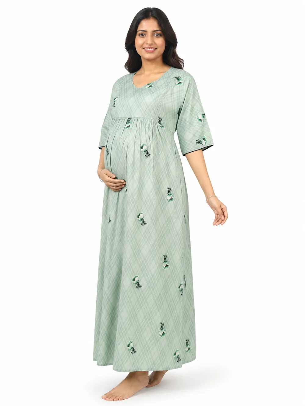 Light Green frill feeding nighty with ruffled waist and concealed nursing zips