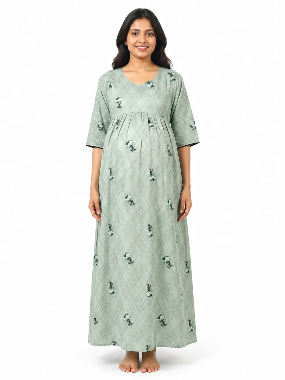 Light Green frill feeding nighty with ruffled waist and concealed nursing zips